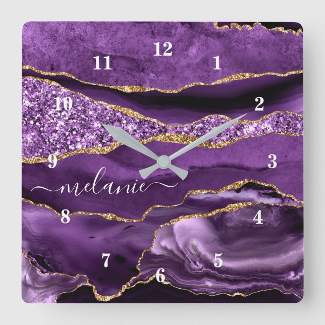 Agate Purple Gold Glitter Wall Clock Custom Name (Front)