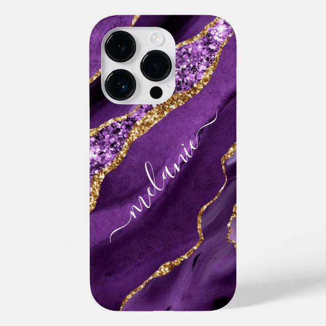 Agate Purple Gold Glitter Your Name iPhone Case (Back)