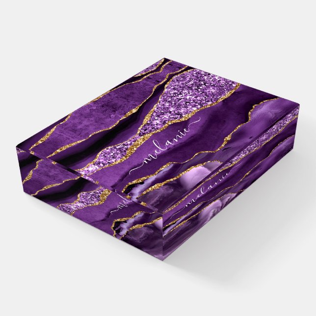 Agate Purple Gold Glitter Your Name Paperweight (Angled)