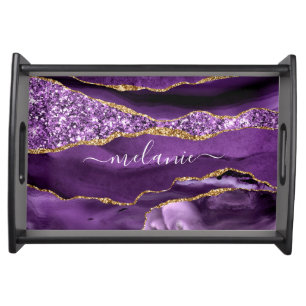 Agate Purple Gold Glitter Your Name Serving Tray