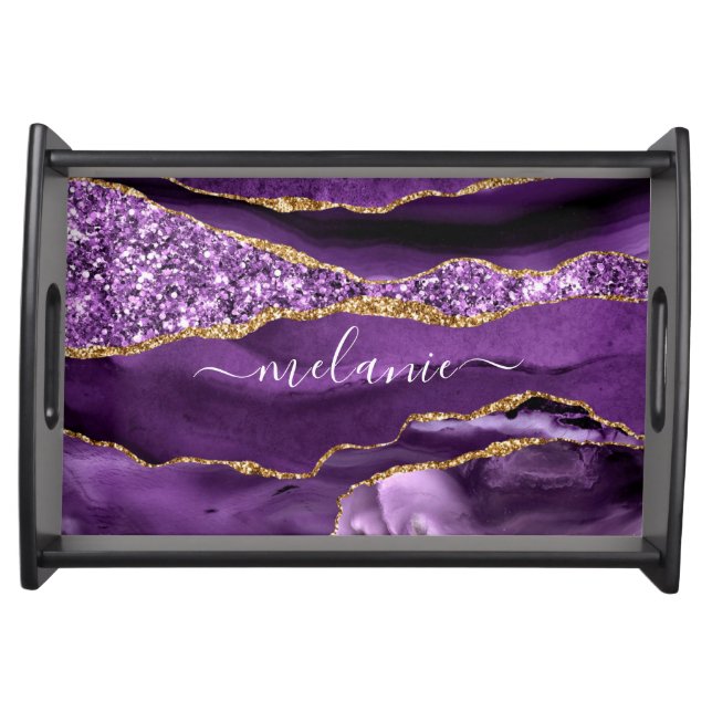 Agate Purple Gold Glitter Your Name Serving Tray (Front)