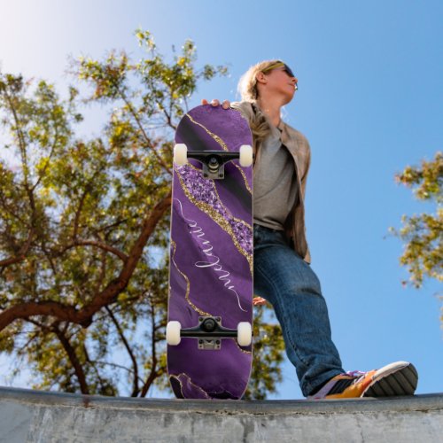 Agate Purple Gold Glitter Your Name Skateboard