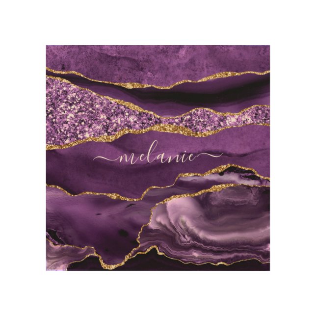 Agate Purple Gold Glitter Your Name Wood Wall Art (Front)