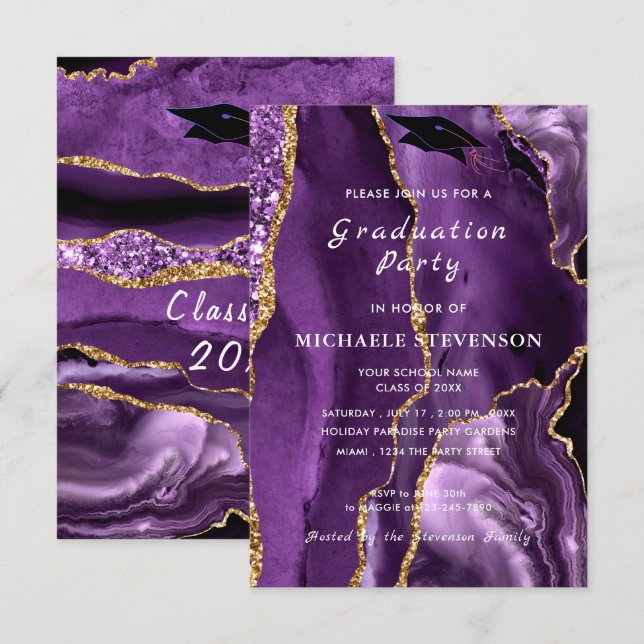 Agate Purple Gold Graduation Invitation Template (Front/Back)