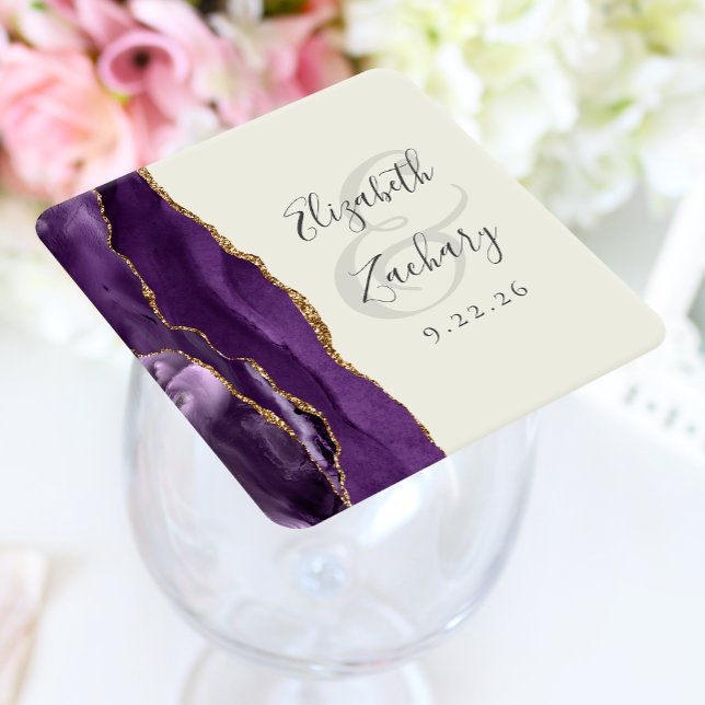 Agate Purple Gold Ivory Wedding Square Paper Coaster (Creator Uploaded)