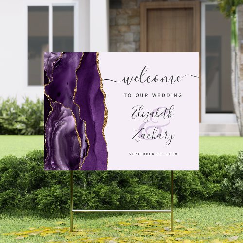 Agate Purple Gold Lavender Script Wedding Welcome Sign
