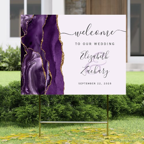 Agate Purple Gold Lavender Script Wedding Welcome Sign