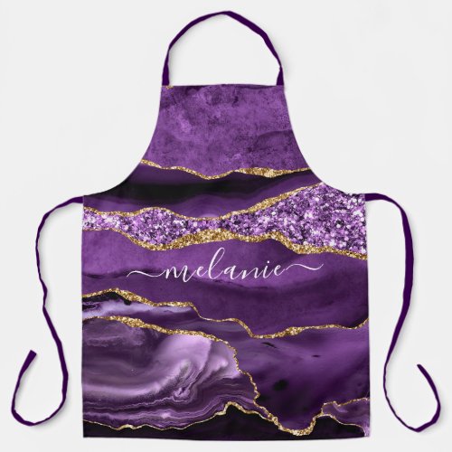 Agate Purple Gold Marble Apron with Custom Name