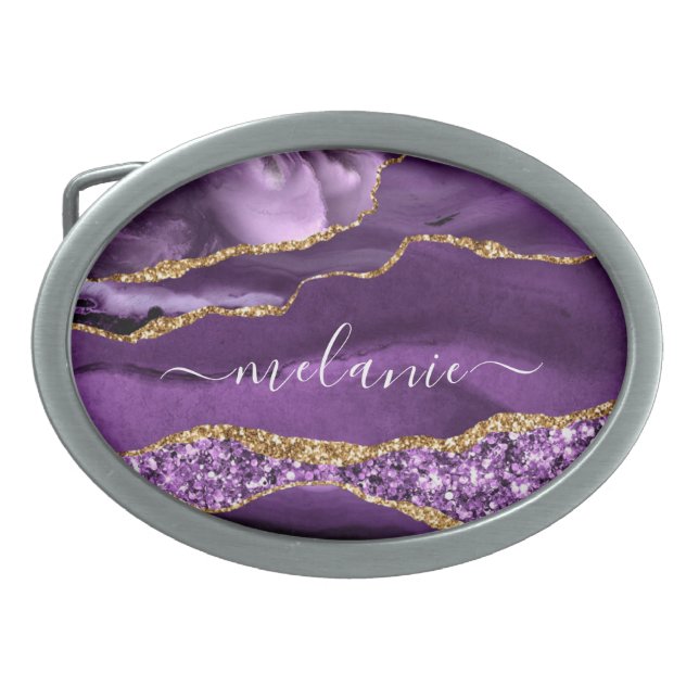 Agate Purple Gold Marble Custom Name Belt Buckle (Front)