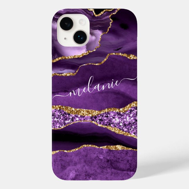 Agate Purple Gold Marble Custom Name iPhone Case (Back)
