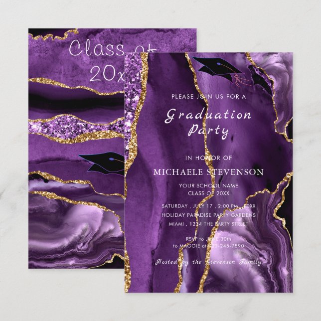 Agate Purple Gold Marble Graduation Invitation (Front/Back)