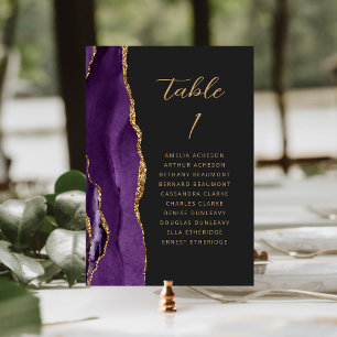 Agate Purple Gold Modern Script Dark Wedding Table Number
