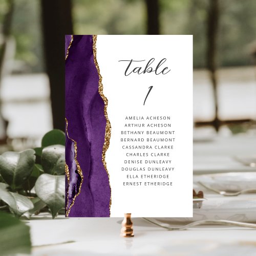 Agate Purple Gold Modern Script Wedding Table Number