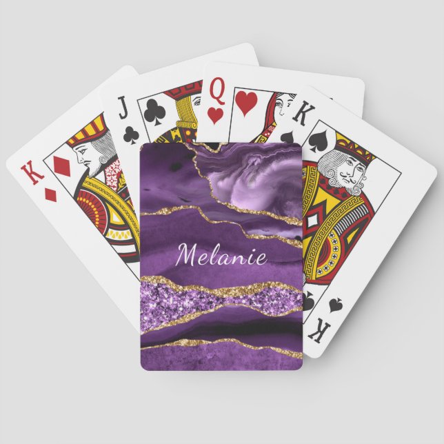 Agate Purple Gold Playing Cards with Custom Name (Back)