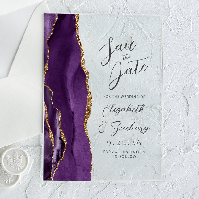Agate Purple Gold Plum Modern Script Wedding Acrylic Invitations (Creator Uploaded)