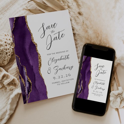 Agate Purple Gold Plum Modern Script Wedding Save The Date