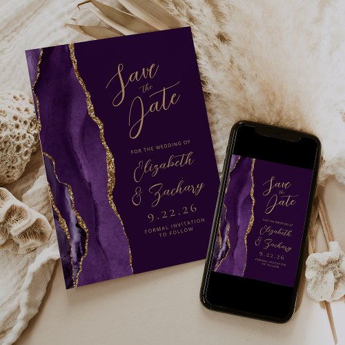 Agate Purple Gold Plum Modern Script Wedding Save The Date