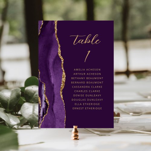 Agate Purple Gold Plum Modern Script Wedding Table Number