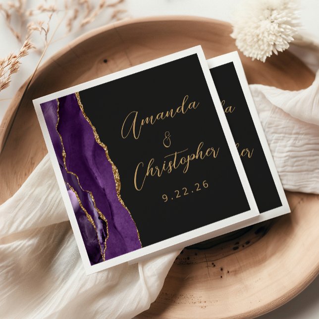 Agate Purple Gold Script Dark Wedding Napkins (Creator Uploaded)