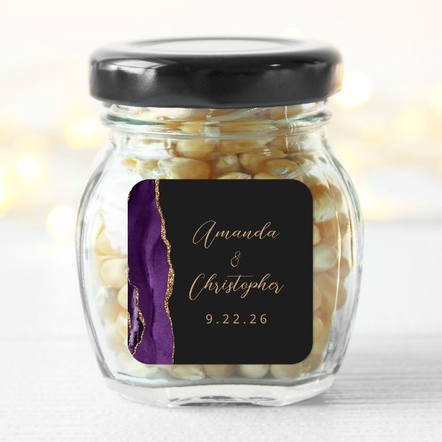 Agate Purple Gold Script Dark Wedding Square Sticker (Creator Uploaded)