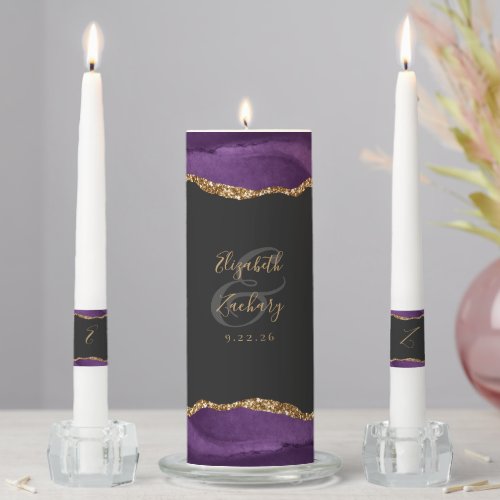 Agate Purple Gold Script Dark Wedding Unity Candle Set