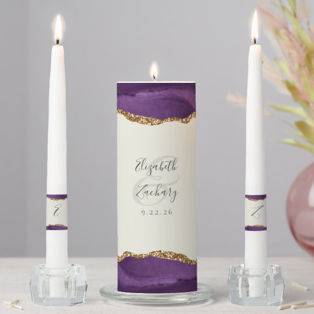 Agate Purple Gold Script Ivory Wedding Unity Candle Set (In Situ)