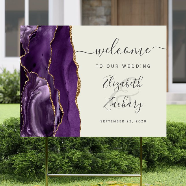 Agate Purple Gold Script Ivory Wedding Welcome Sign (Creator Uploaded)