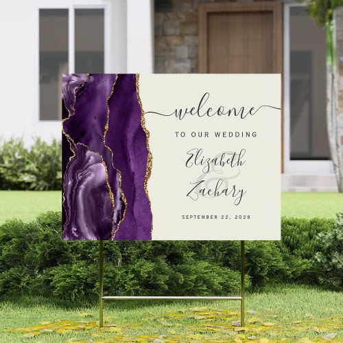 Agate Purple Gold Script Ivory Wedding Welcome Sign