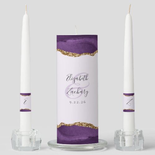Agate Purple Gold Script Lavender Wedding Unity Candle Set
