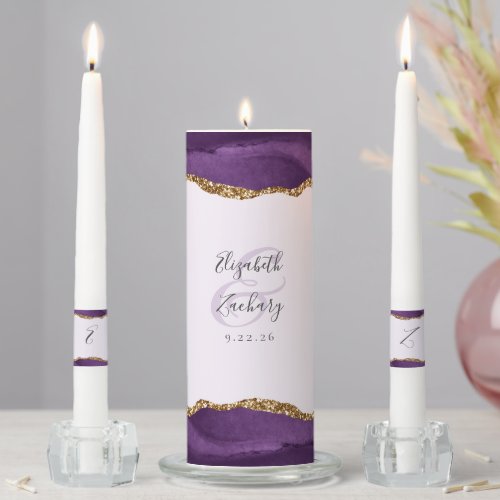 Agate Purple Gold Script Lavender Wedding Unity Candle Set