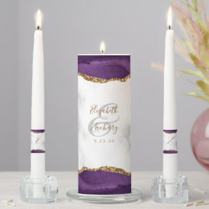 Agate Purple Gold Script Marble Wedding Unity Candle Set