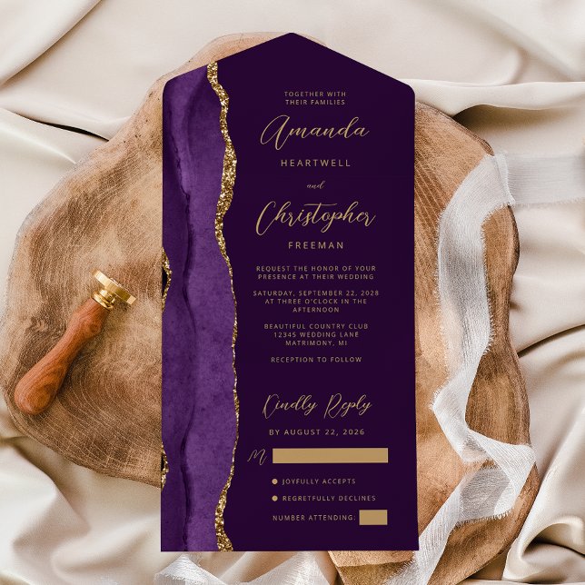 Agate Purple Gold Script Plum All In One Invitation (Creator Uploaded)