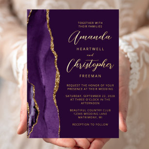 Agate Purple Gold Script Plum Wedding Foil Invitation