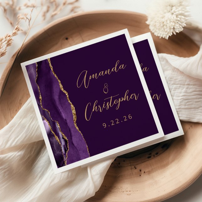 Agate Purple Gold Script Plum Wedding Napkins (Creator Uploaded)