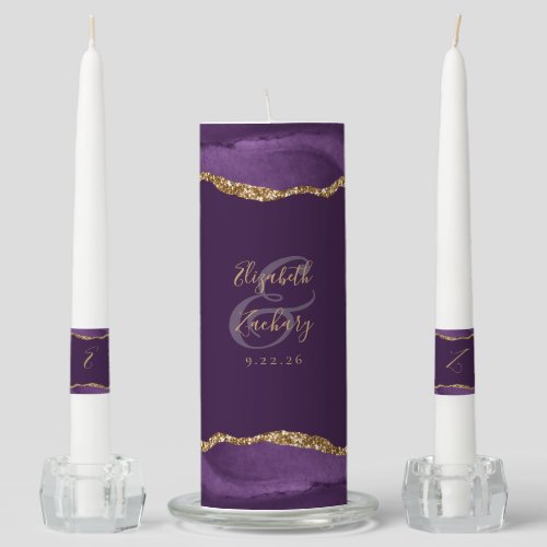 Agate Purple Gold Script Plum Wedding Unity Candle Set