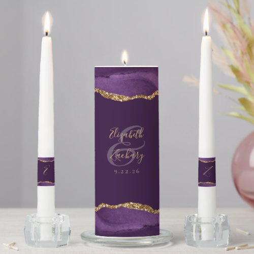 Agate Purple Gold Script Plum Wedding Unity Candle Set