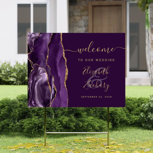 Agate Purple Gold Script Plum Wedding Welcome Sign