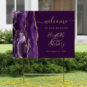 Agate Purple Gold Script Plum Wedding Welcome Sign