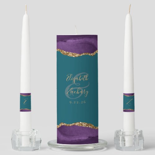 Agate Purple Gold Script Teal Wedding Unity Candle Set