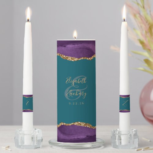 Agate Purple Gold Script Teal Wedding Unity Candle Set