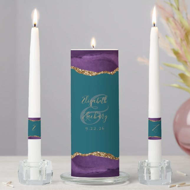 Agate Purple Gold Script Teal Wedding Unity Candle Set (In Situ)