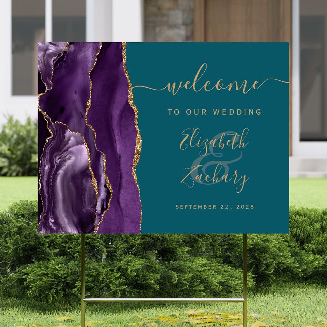Agate Purple Gold Script Teal Wedding Welcome Sign (Creator Uploaded)
