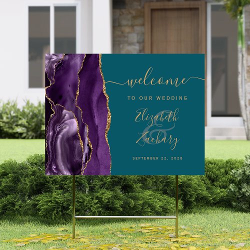Agate Purple Gold Script Teal Wedding Welcome Sign