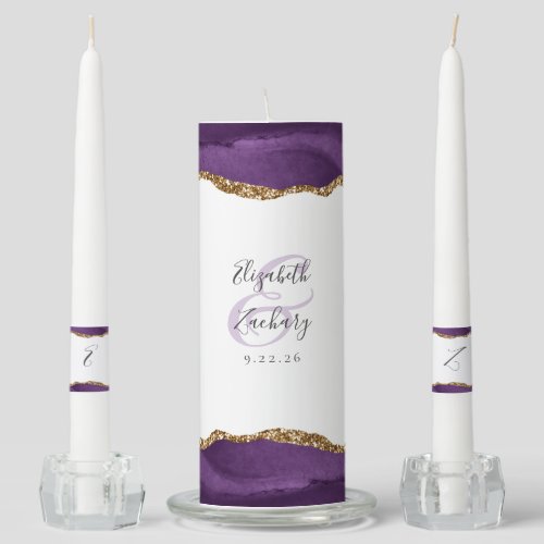 Agate Purple Gold Script Wedding Unity Candle Set