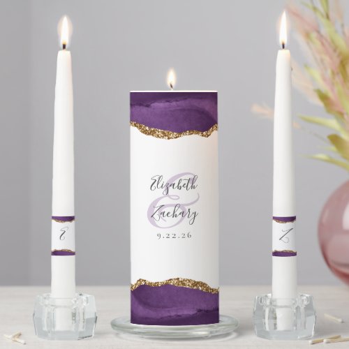 Agate Purple Gold Script Wedding Unity Candle Set