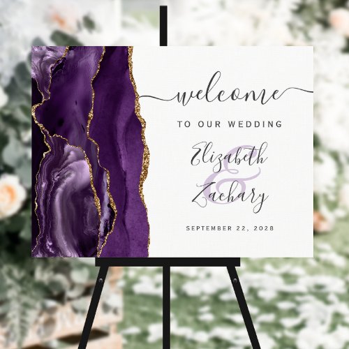 Agate Purple Gold Script Wedding Welcome Sign