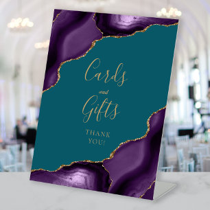 Agate Purple Gold Teal Wedding Cards and Gifts Pedestal Sign