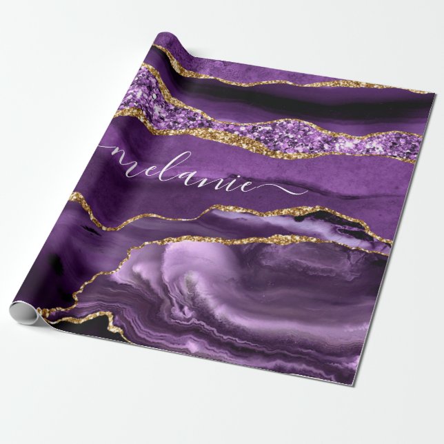 Agate Purple Marble Your Name Text Wrapping Paper (Unrolled)