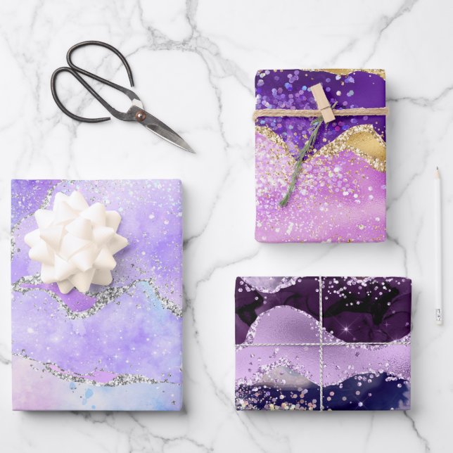 Agate Purple Pink Glitter Wrapping Paper Sheets (Front)