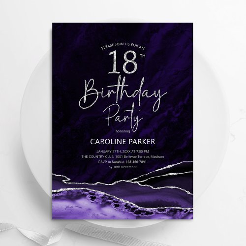 Agate Purple Silver 18th Birthday Invitation